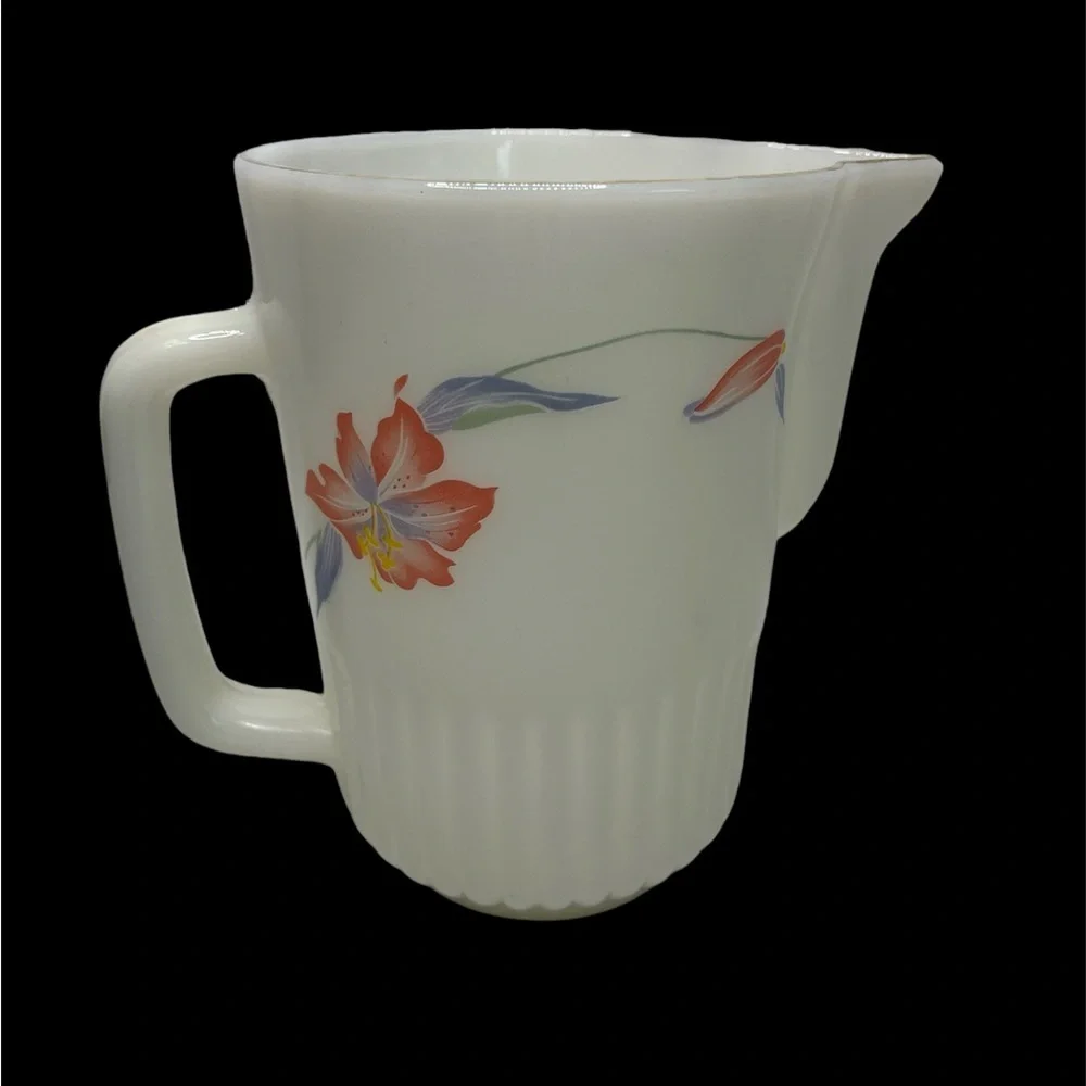 Neolex By Crystal Gold Rim Pitcher Oven Proof Opaque Milk Glass Floral Lily Vtg